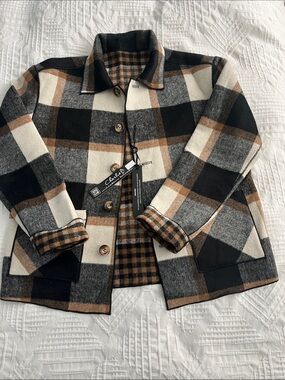 CHARLIE B Black, Gray, Cream & Brown Plaid Button Jacket